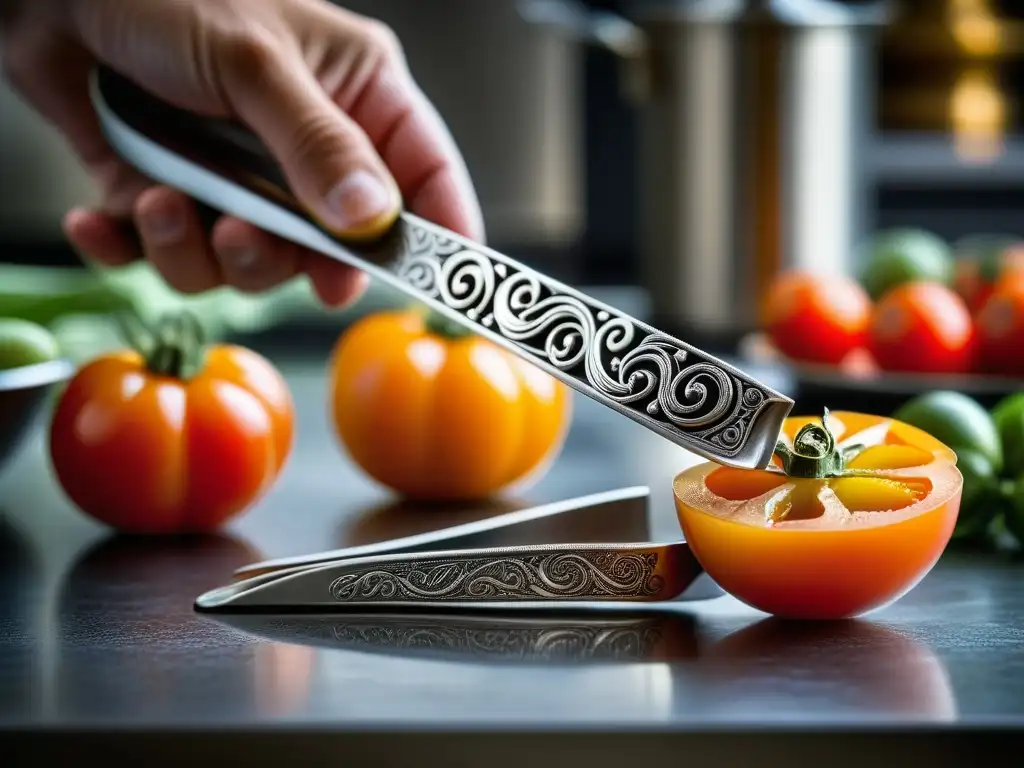 Dos elegantes tenazas de plata antigua recogen tomate en cocina moderna