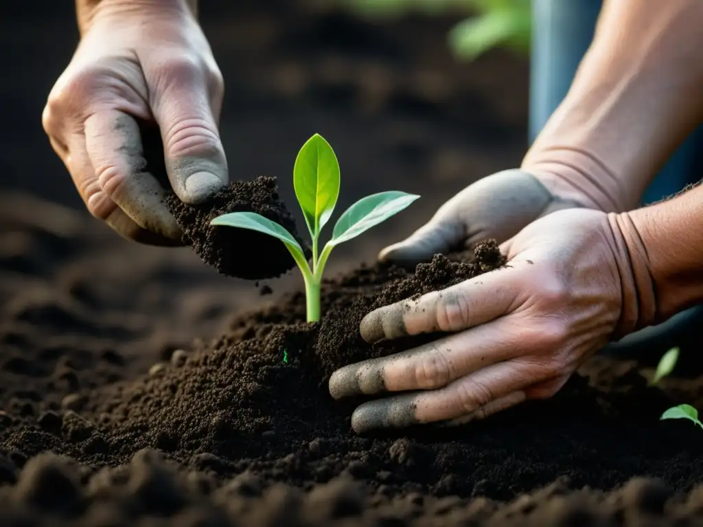 Emotiva escena de un agricultor plantando una plántula verde en la tierra oscura, en la Revolución Orgánica Historia Alimentación