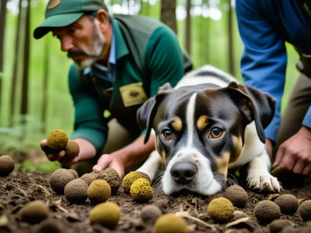 Emotiva escena de cazadores de trufas con perros entrenados buscando tesoros ocultos en el bosque