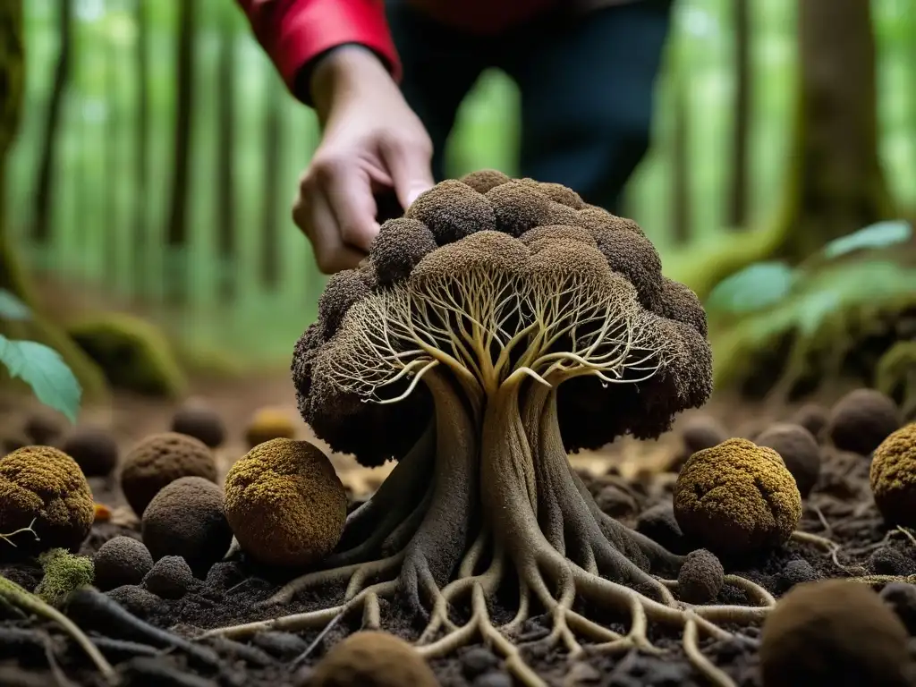 Emotiva recolección de trufas en bosque denso, revelando raíces entrelazadas