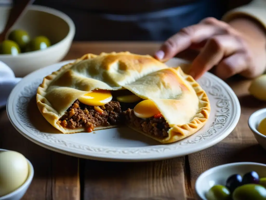 Empanada argentina artesanal: tradición en cada pliegue Un empanada argentina se elabora con influencia de la gastronomía italiana en una cocina rústica iluminada