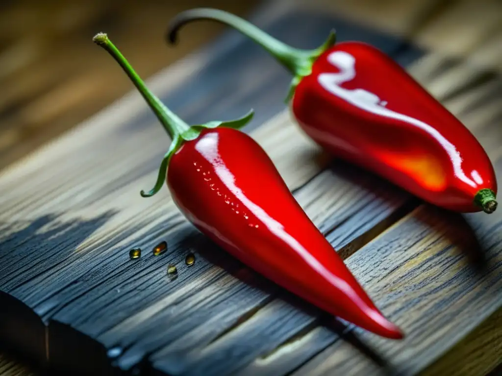 Un encuentro cultural: detallada imagen de un vibrante pimiento rojo y una vaina de vainilla en una superficie de madera rústica