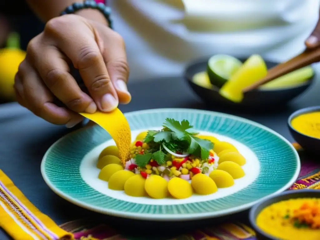 Encuentro de sabores en Perú: Chef peruano espolvorea aji amarillo sobre ceviche, destacando arte culinario y riqueza cultural