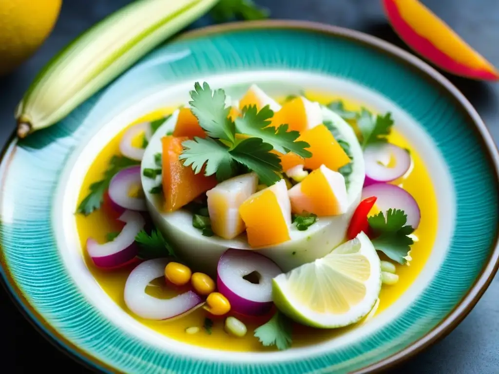 Encuentro de sabores en Perú: ceviche tradicional con colores vibrantes y texturas delicadas