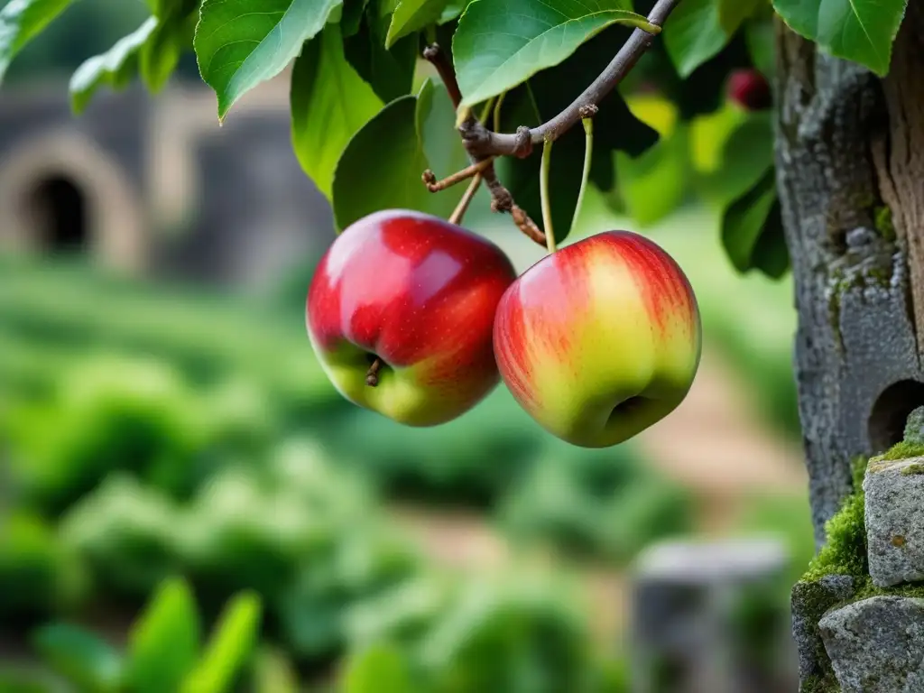 Un enfoque detallado de manzanas maduras en un antiguo huerto romano