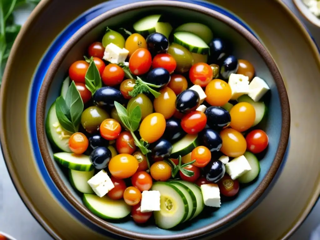 Una ensalada mediterránea colorida y apetitosa en un bol de cerámica, resaltando los beneficios saludables de la antigua dieta mediterránea