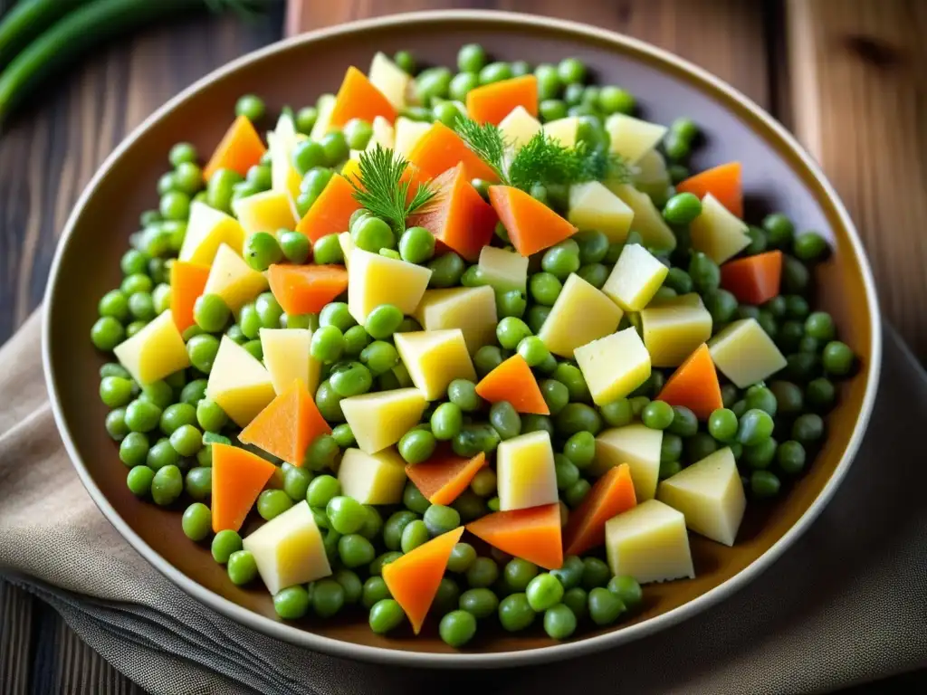 Una ensalada Olivier festiva, con ingredientes rusos, colores vibrantes y texturas detalladas