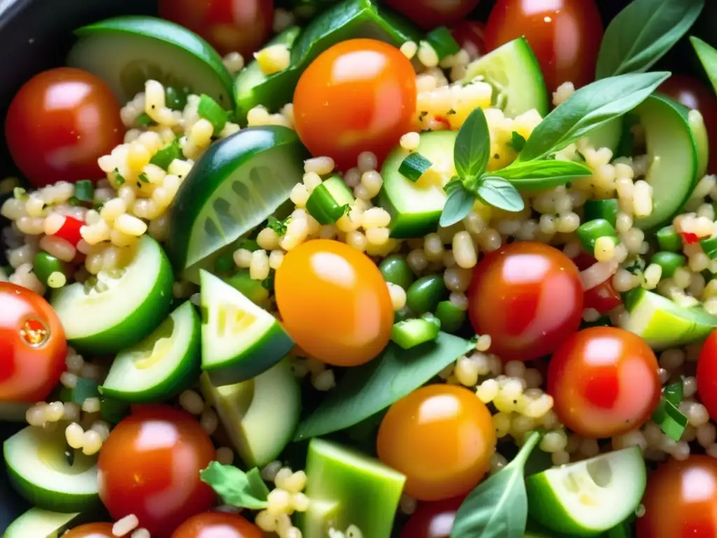 Una ensalada de quinua fresca y colorida, con ingredientes como tomates cherry, pepino, pimientos y hierbas, todo brillante con aceite de oliva