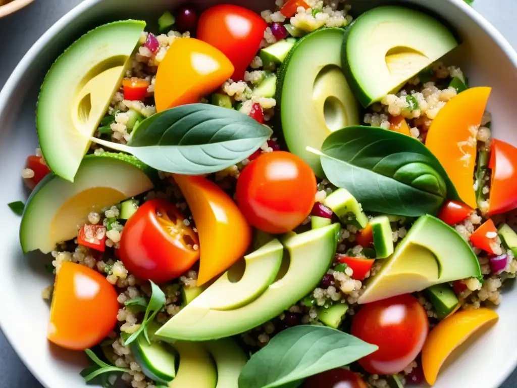 Una ensalada de quinua vibrante y fresca, resaltando colores y texturas