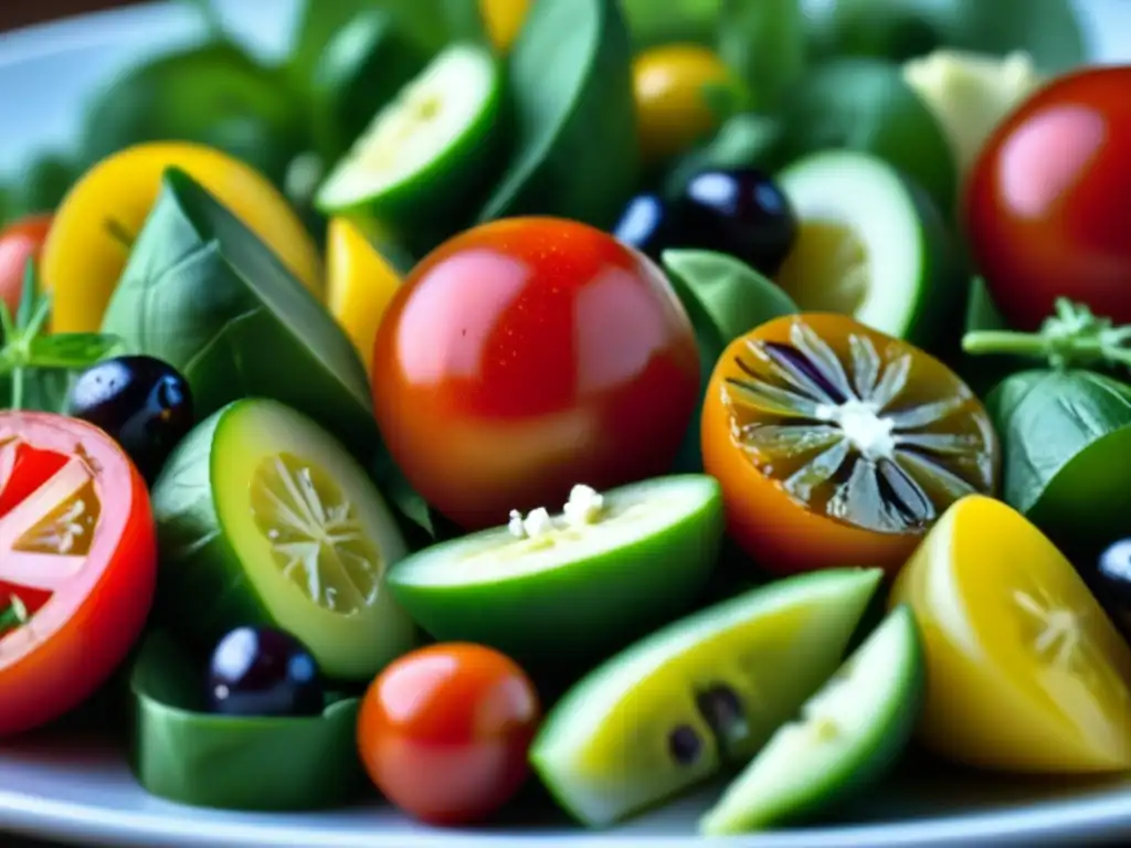 Una ensalada mediterránea vibrante y colorida que refleja la influencia de la dieta mediterránea en América