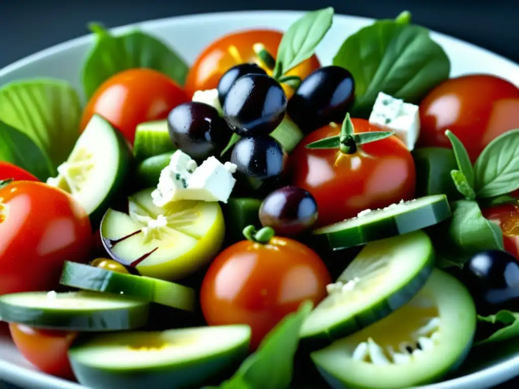 Una ensalada mediterránea vibrante y colorida, con tomates frescos, pepinos, aceitunas, queso feta y aceite de oliva