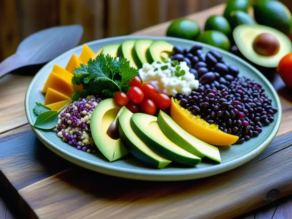 Una ensalada andina vibrante con ingredientes tradicionales, resaltando texturas y colores frescos