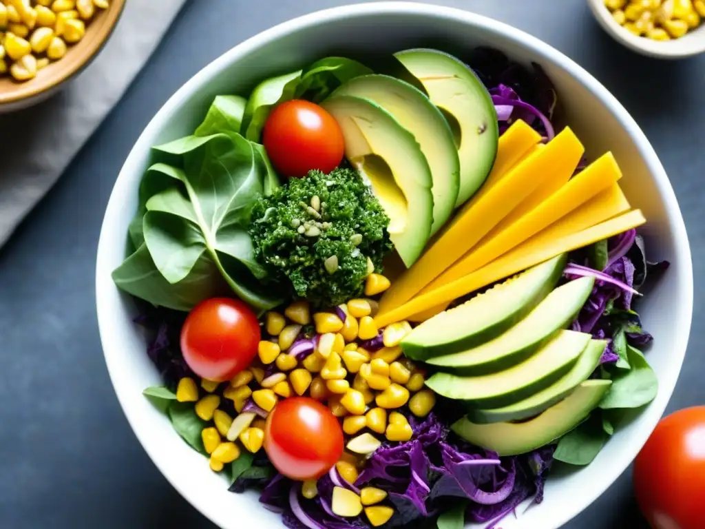 Una ensalada vibrante inspirada en los aztecas, rebosante de ingredientes frescos y coloridos