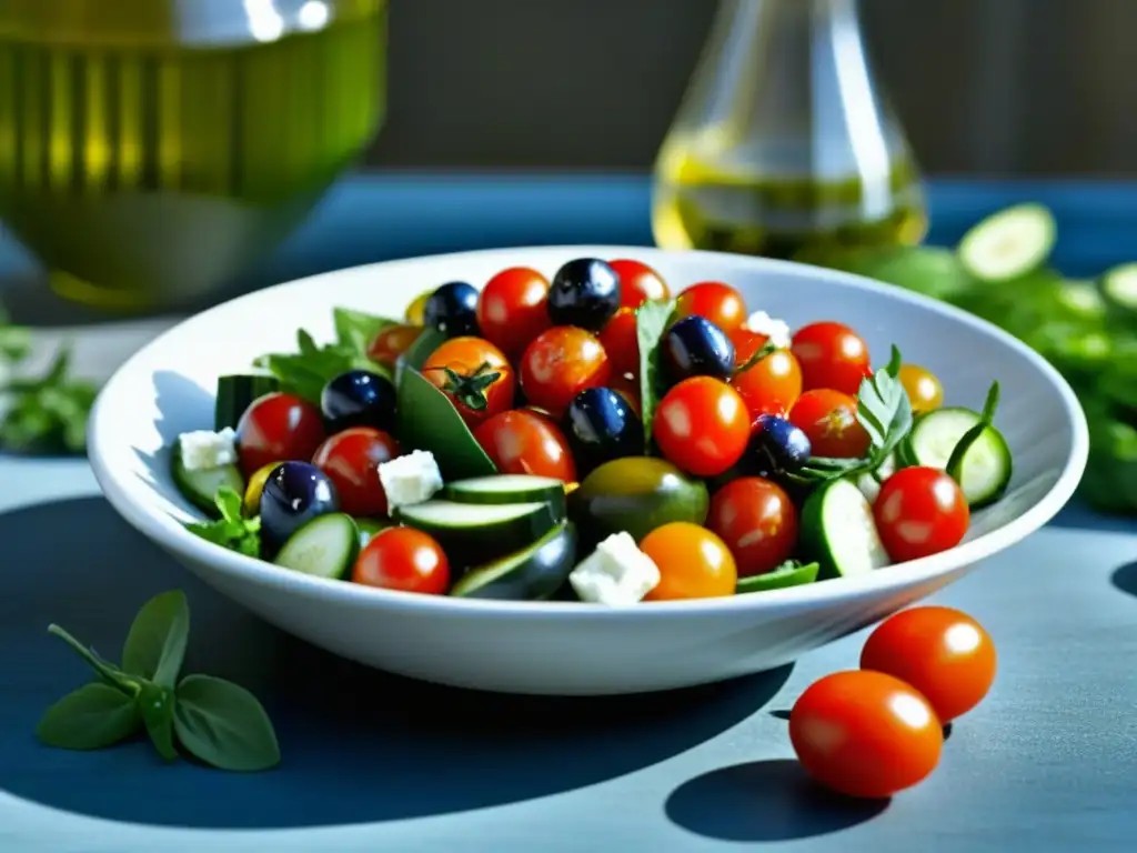 Una ensalada mediterránea vibrante con tomates, pepinos, queso feta, aceitunas y aceite de oliva, iluminada por el sol mediterráneo