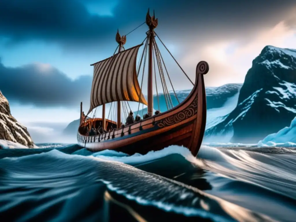 Un épico barco vikingo navega en aguas escandinavas heladas, mostrando la evolución dieta escandinava vikingos