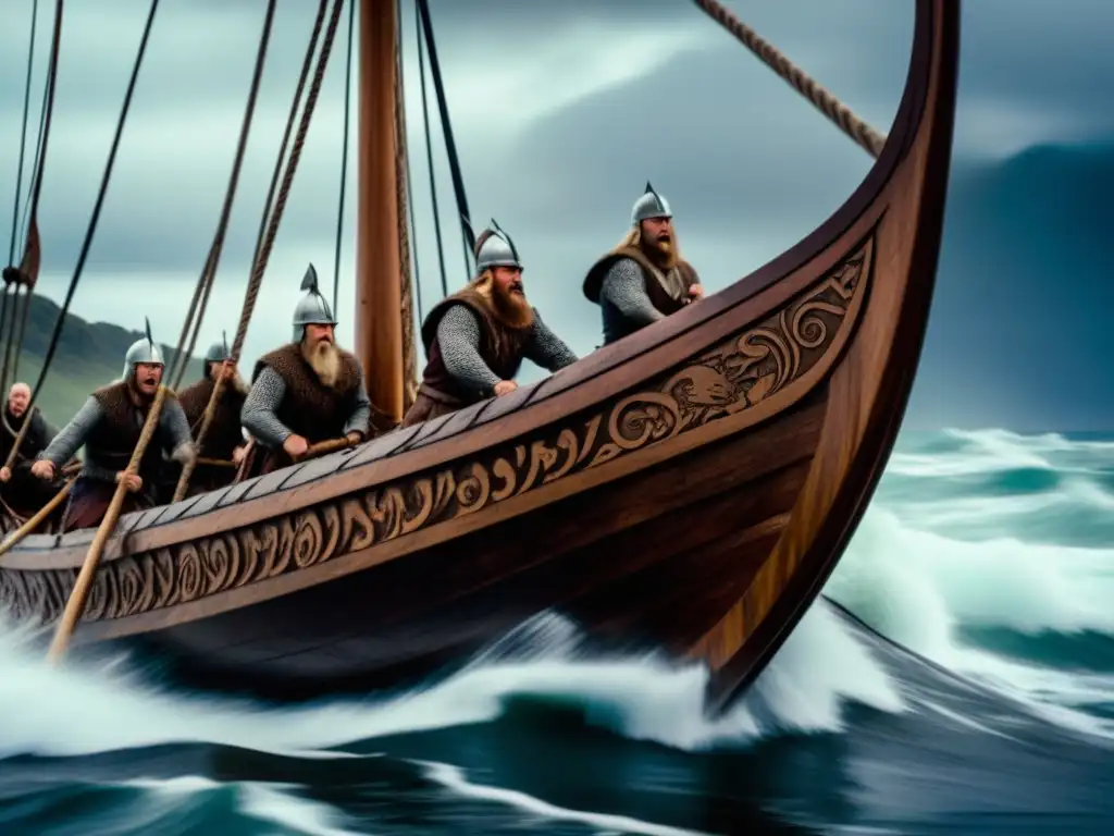 Un épico viaje en un drakkar vikingo surcando mares embravecidos, con detalles tallados de dragones y guerreros