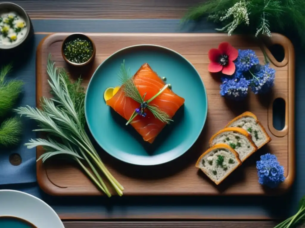 Un festín escandinavo moderno con gravlax, arenques en vinagre y albóndigas suecas, adornado con hierbas y flores comestibles