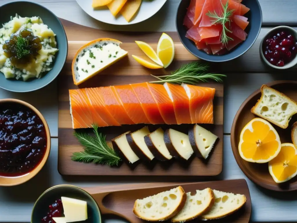 Un festín escandinavo tradicional modernizado con delicias como gravlax, arenques, encurtidos y variedad de quesos