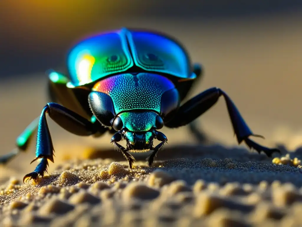 Un escarabajo del desierto en plena conquista, con su exoesqueleto iridiscente brillando bajo el sol intenso