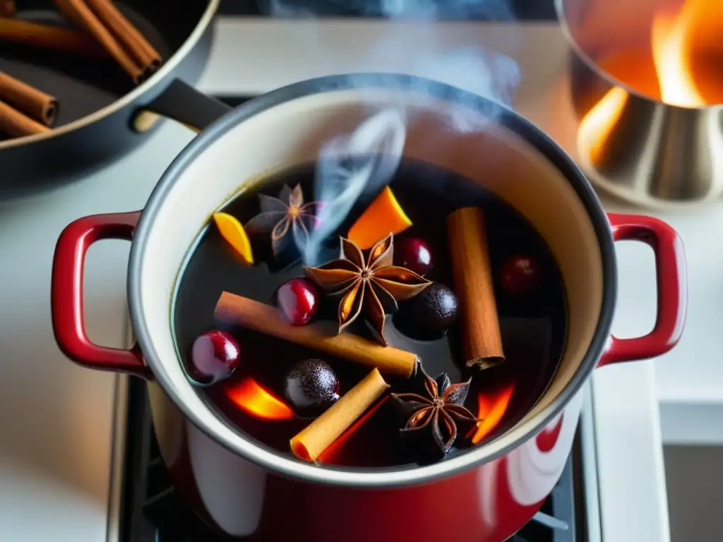 Escena acogedora de una olla de vino caliente con especias, en una cocina escandinava