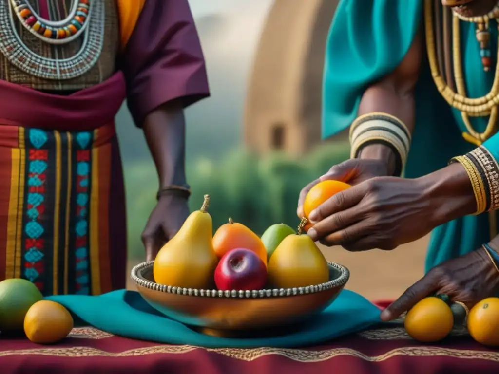 Una escena de alimentos ceremoniales en África precolonial con ancianos tribales seleccionando ofrendas de frutas y granos en un tazón decorado