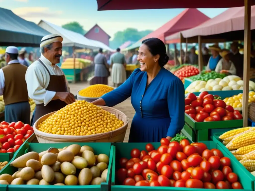 Escena animada de mercado europeo durante el Intercambio Columbino dieta mundial, con alimentos del Nuevo Mundo