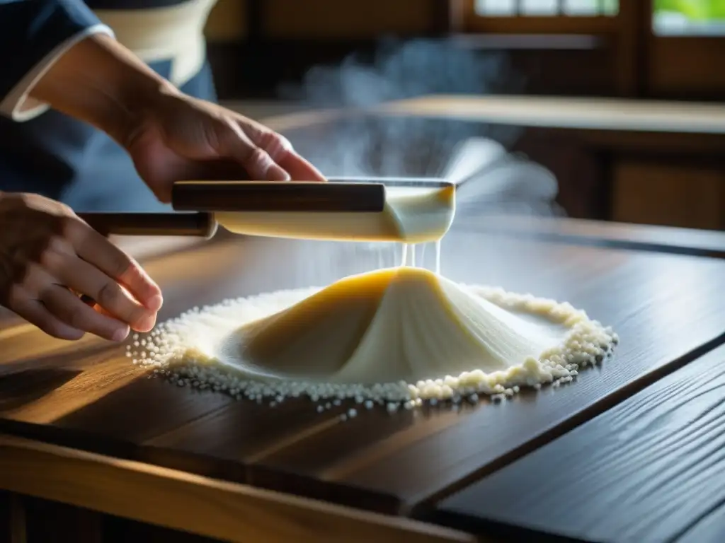 Cálida escena de la producción artesanal de tofu en Japón antiguo