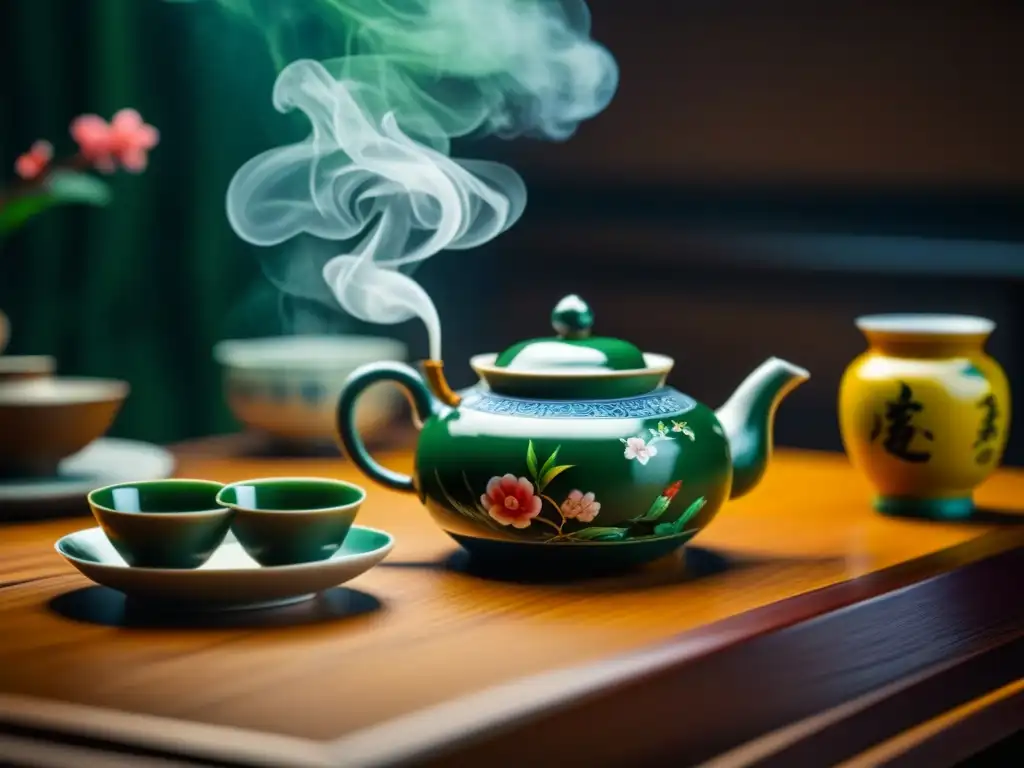 Una escena auténtica de la cultura del té en China: hojas verdes en un exquisito tetera china rodeada de utensilios antiguos