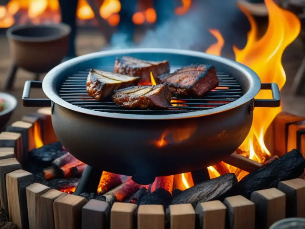 Escena de una barbacoa tradicional mexicana en hoyo, con carne marinada cocinándose lentamente sobre brasas en un ambiente ancestral y revolucionario