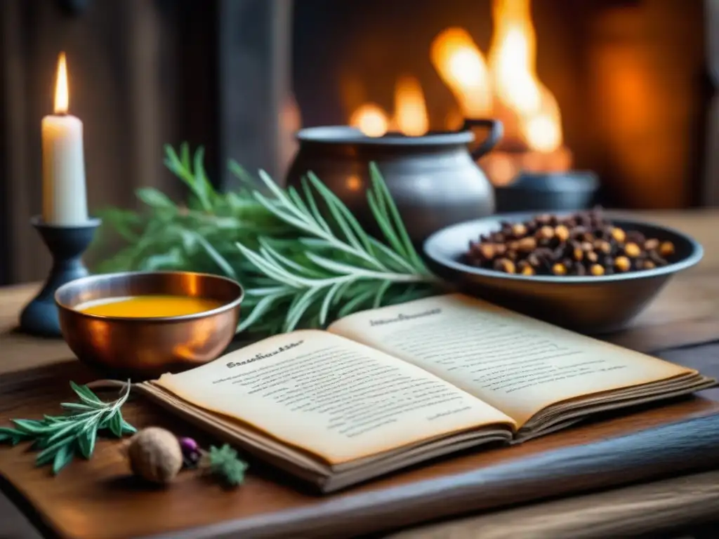 Escena cálida de cocina medieval con ingredientes, recetas históricas y luz de velas