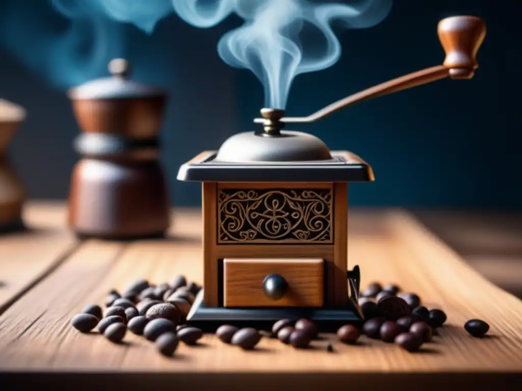 Escena cálida de café escandinavo: molinillo de madera tallado, taza de cerámica, granos de café y la historia del consumo de café en Escandinavia