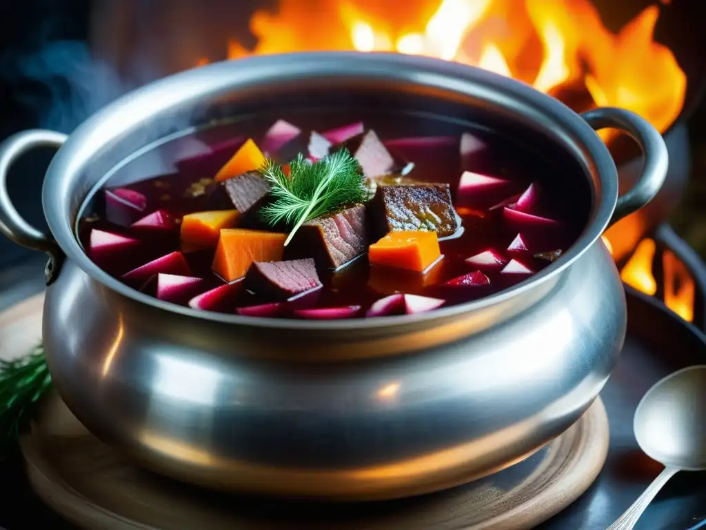 Una escena cautivadora de una cocina rusa: borscht burbujeante en una olla plateada sobre fuego, con detalles históricos