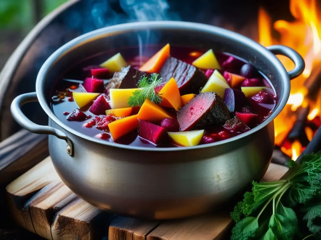 Una escena cautivadora de la cocina rusa conquistas territoriales: borsch tradicional en un caldero sobre fuego de leña en el bosque