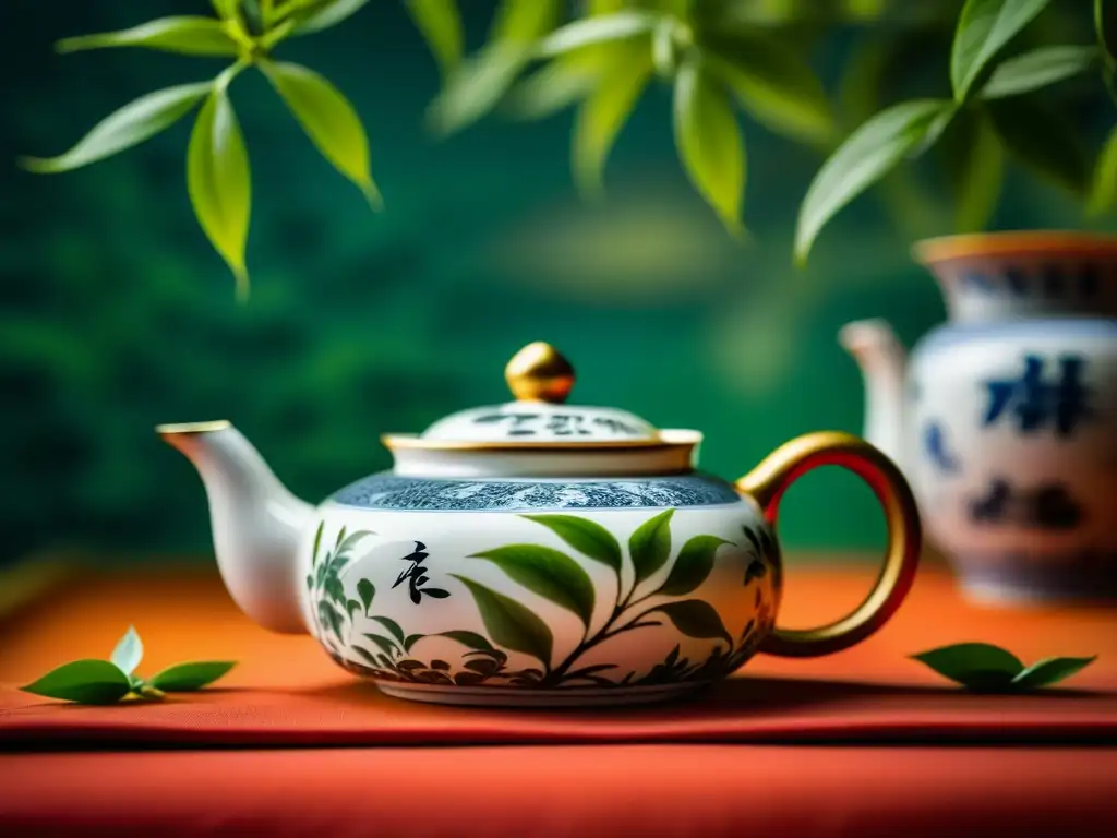 Una escena cautivadora de la Ruta del Té China Tradiciones: hojas de té desplegándose en agua caliente dentro de un exquisito tetera china