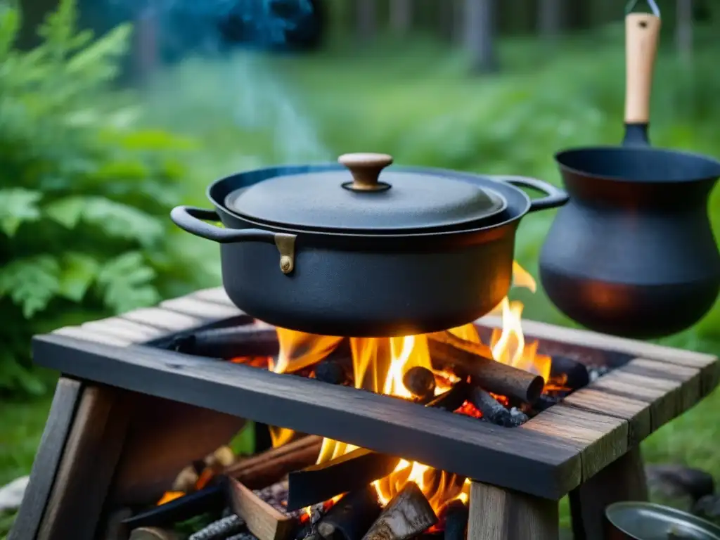 Una escena de cocina al aire libre escandinava con una olla de hierro burbujeante sobre el fuego rodeada de exuberante vegetación