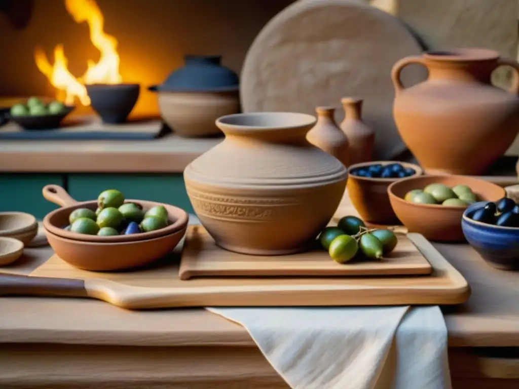 Una escena de cocina en la Antigua Grecia: detallados utensilios, tabla de olivo con higos y aceitunas, horno de barro y lámpara de aceite