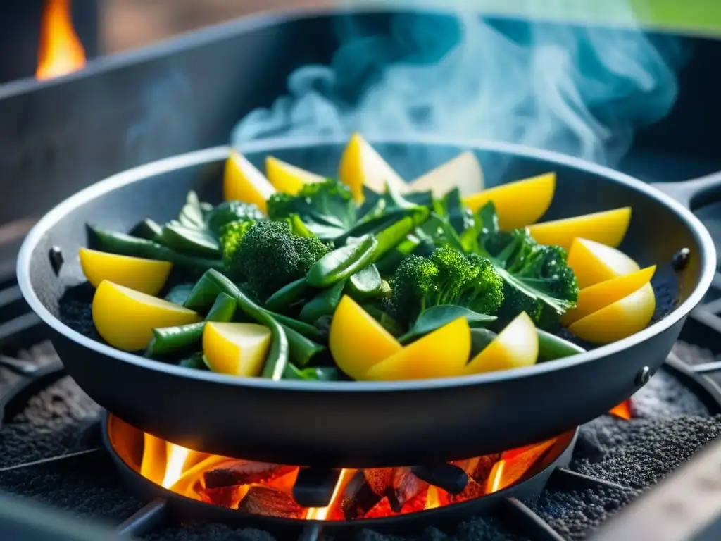 Escena de cocina moderna era industrial: sartén caliente con vegetales y carne se doran sobre estufa de carbón