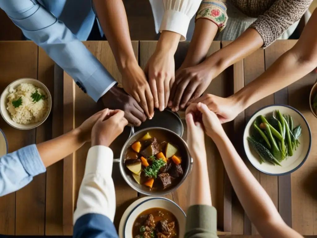 Una escena conmovedora de cenas comunitarias durante la Gran Depresión, uniendo a personas alrededor de una mesa con platillos tradicionales