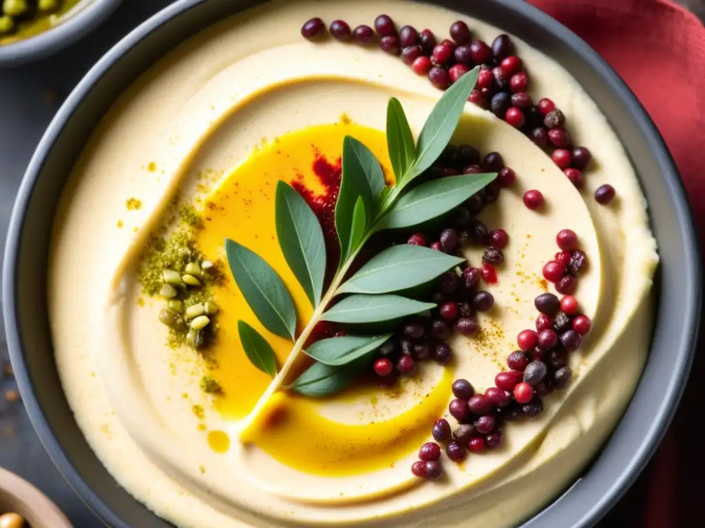 Una escena culinaria del Medio Oriente: polvo de sumac rojo vibrante sobre hummus, aceite de oliva, piñones y perejil fresco