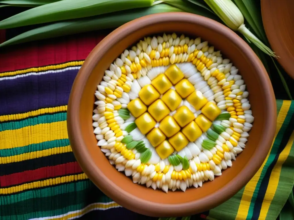 Escena cultural de elaboración de chicha de maíz con ollas, textiles coloridos y maíz fresco