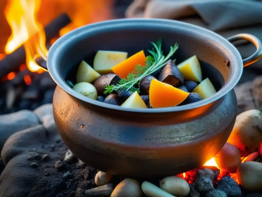 Una escena de alimentación histórica y cultural detallada: olla antigua sobre brasas, estofado burbujeante y personas esperando alrededor del fuego