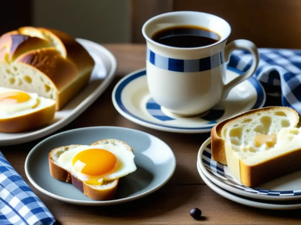 Escena de desayuno histórico de la década de 1930: café, pan, mantequilla, mermelada, huevo y tocino en una mesa rústica con mantel a cuadros