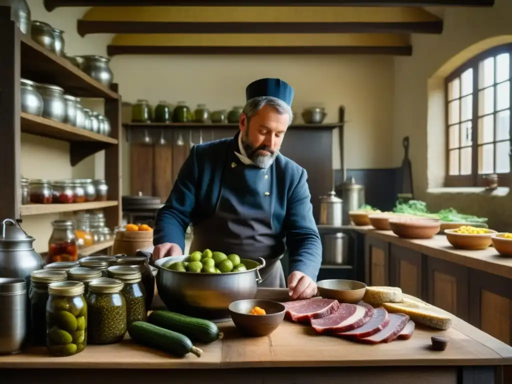 Escena detallada de la conservación de alimentos en Cruzadas: cocina medieval con técnicas de pickling y curing