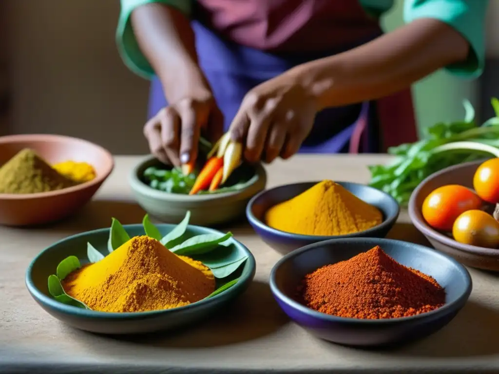 Una escena detallada de una antigua cocina vegetariana india con especias coloridas y un chef cortando verduras frescas