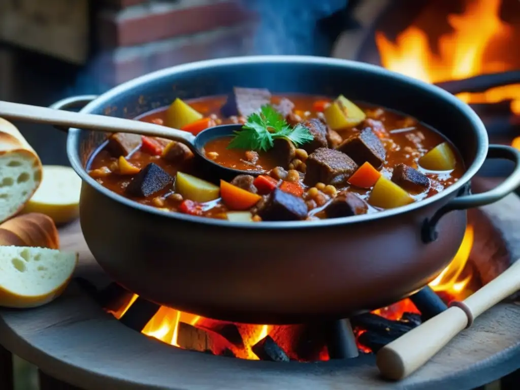 Una escena detallada de una antigua cocina húngara con un guiso de gulash tradicional en ebullición sobre el fuego