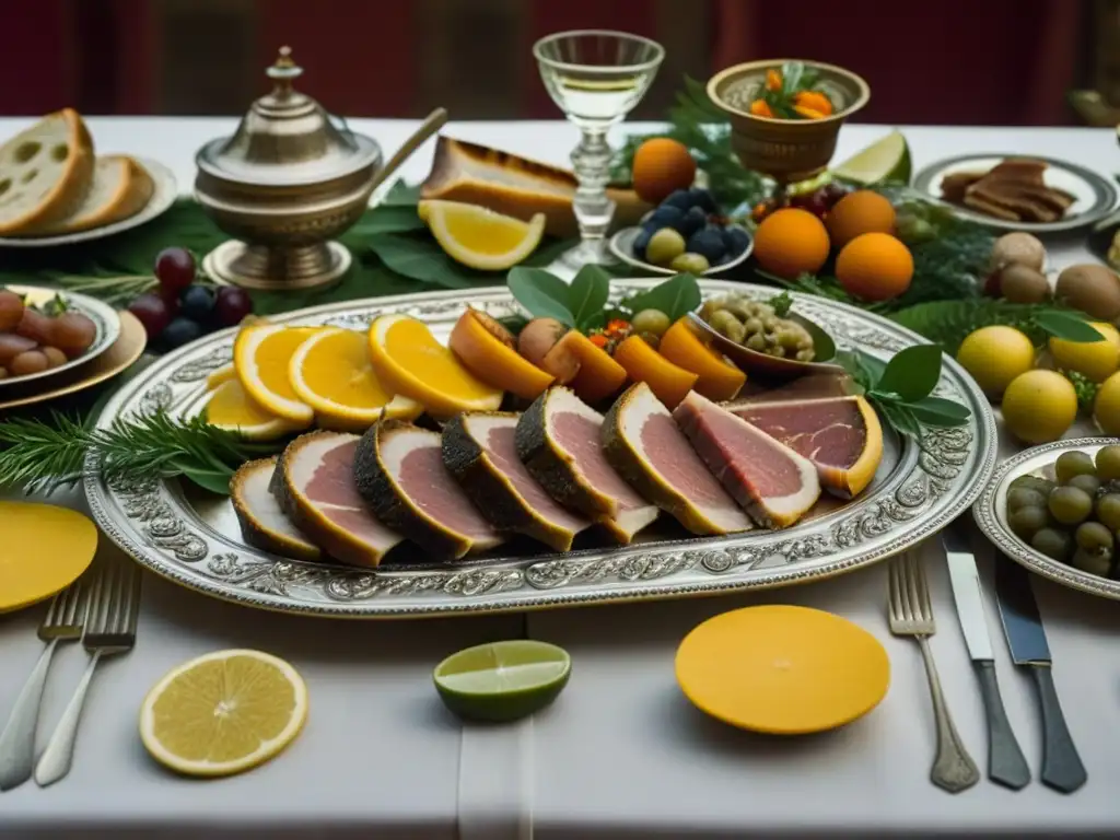 Una escena detallada de un banquete romano con alimentos variados según clases sociales en Roma