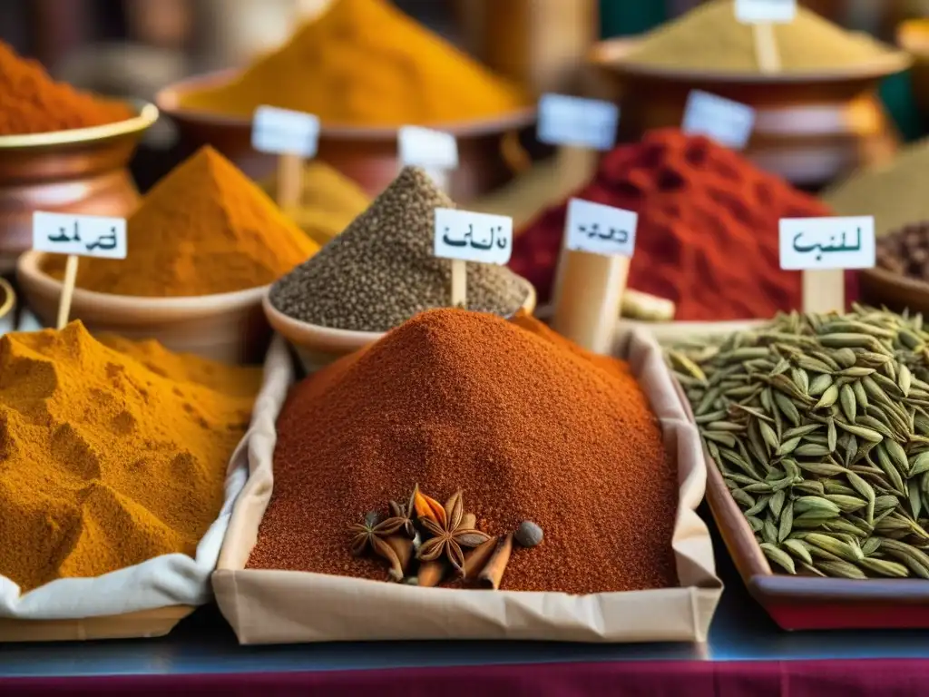 Una escena detallada de un bullicioso mercado árabe de especias, influencia árabe cocina mediterránea