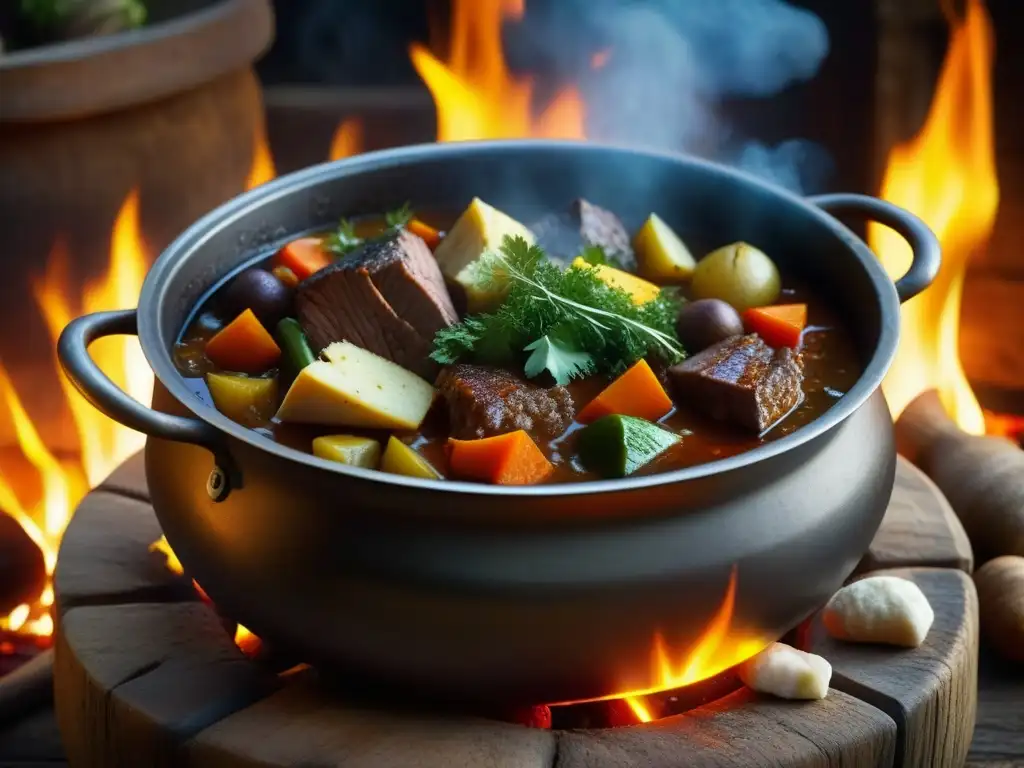 Delicioso guiso medieval en caldero burbujeante Una escena detallada de un caldero burbujeante con un abundante estofado medieval, ideal para 'Recetas históricas sopas estofados medieval'