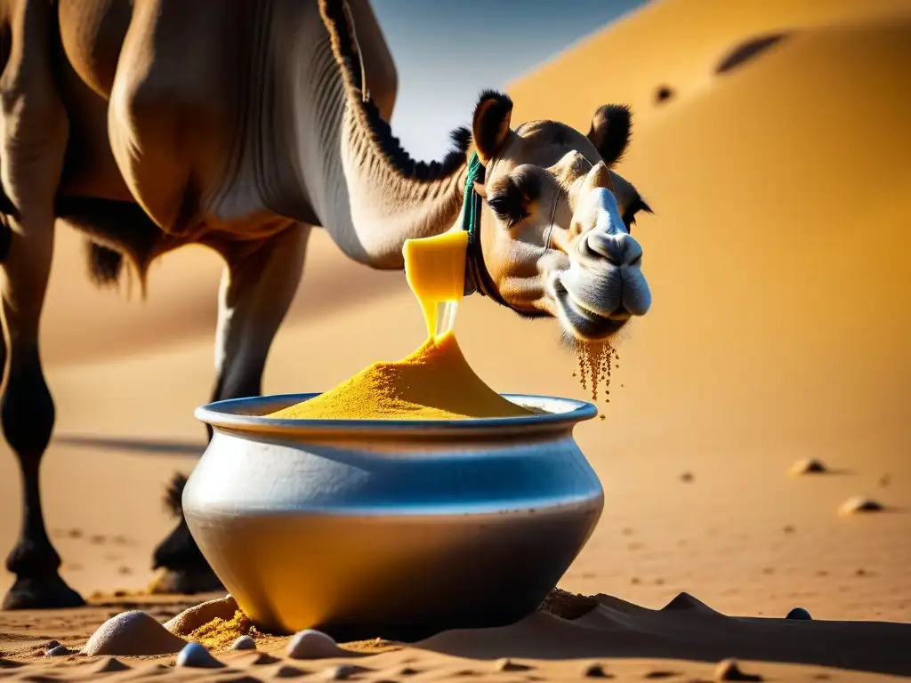 Escena detallada de ordeño de camello en el desierto