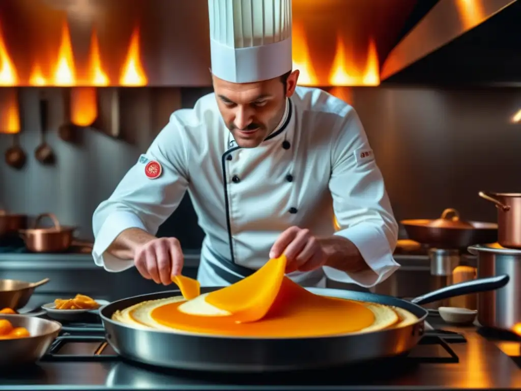 Una escena detallada de un chef flambeando una Crepe Suzette en cocina francesa